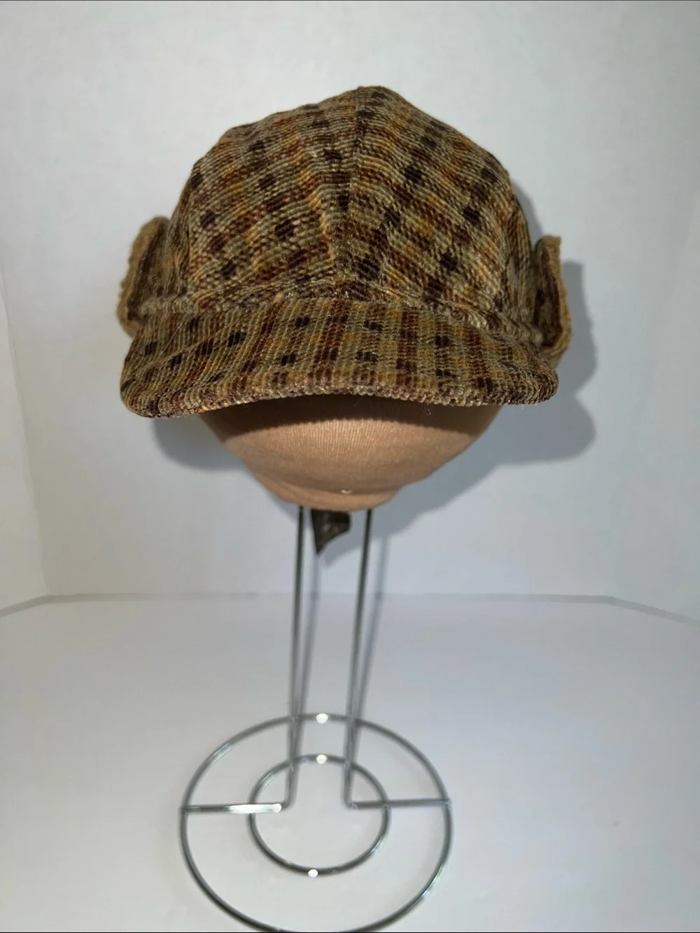 Cozy Toes Vintage Brown Plaid Corduroy Cap with Ear Flap - Winter Hat